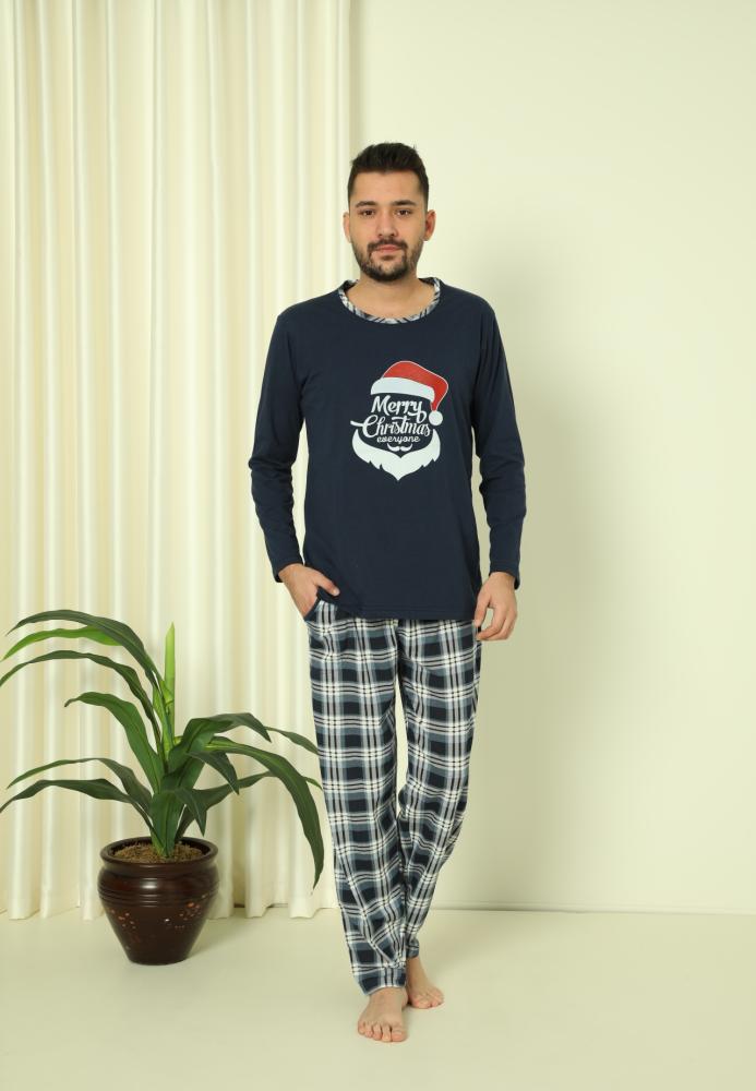 Pijama barbati Craciun "Merry Chrismas" maneca lunga ,pantaloni lungi,Culoare Bleumarin ,Engros